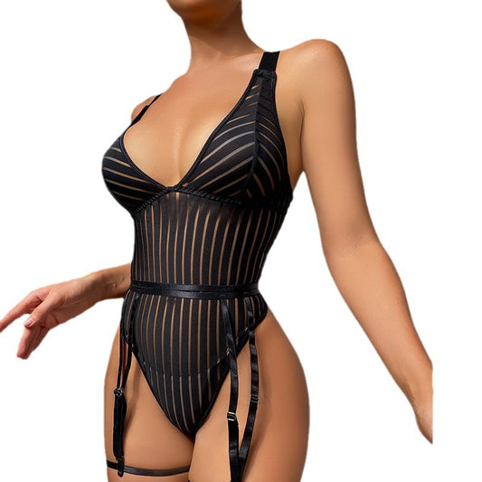 Sexy One-piece Striped Stitching Sexy Gather See-through Backless All-match Lingerie Sensual Lingerie Women Set