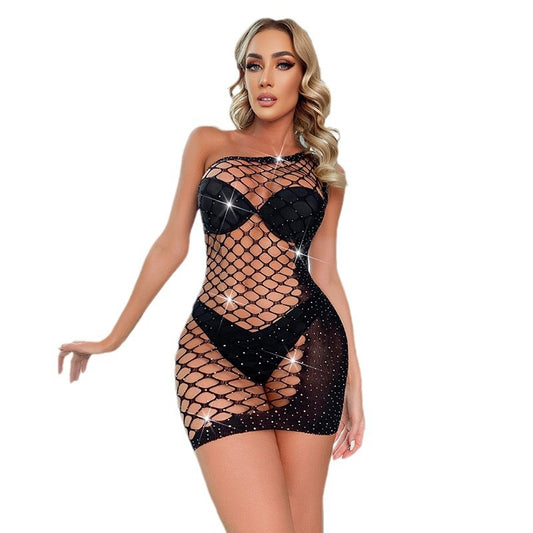 Hot Girls Bodystockings For Women Nylon Sexy Fishnet Rhinestone Mesh Hole Hollowing Sexy Dress Body Stocking Lingerie