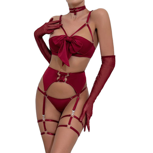 Hot Selling Lingerie Sexi Exposed Chest Bow Hollow Out Satin Ribbon Leg Loops Lingerie Sexy Feminina