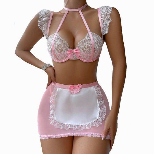 Women Sexy Lingerie Set High Quality Ladies Breathable Lace Bow Bra See Through Wrap Hip Skirt Thong Set With Steel Rings