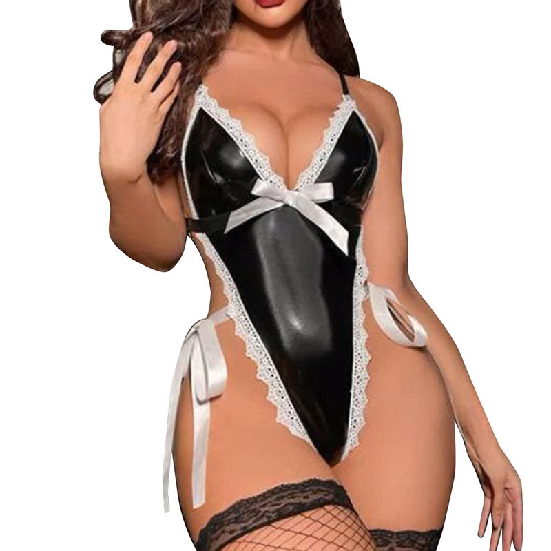 Sexy Patent PU Leather One-Piece Womens Sexy Underwear Sexy Costumes For Women Pajamas Set