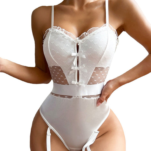 Women Sexy Lingerie One Piece Bodysuit White Color Lace Embroidery Underwear See-Through Women Jumpsuit