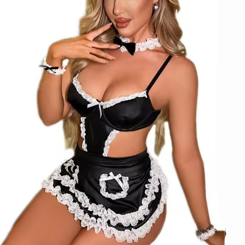 Ladies Sexy Maid Dress Erotic Lace Plus Size Fancy Mini Dress Costume Role Play Outfit with Neck Ring