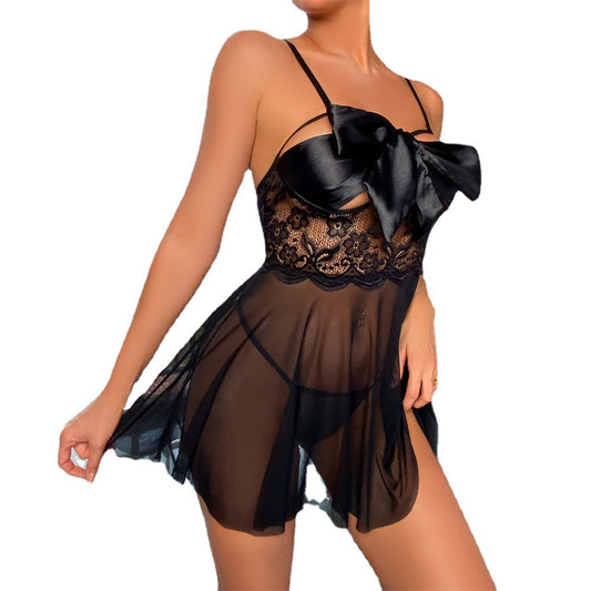 Women Sexy Lace Mesh Lingerie Two Piece See Through Satin Bow Tie Dress With G String Thongs For Valentine's Day