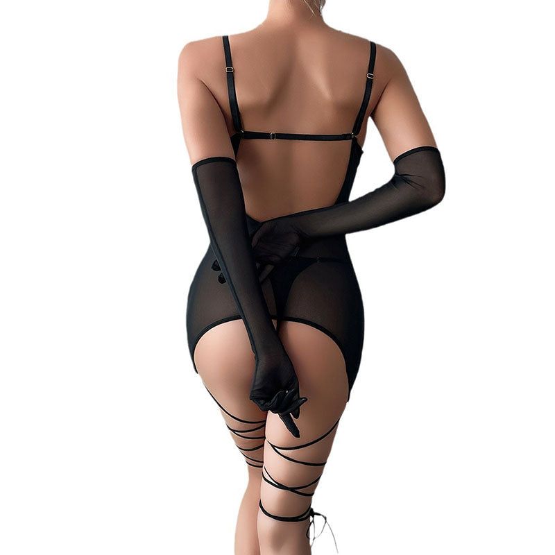 New 3 Solid Colors Sexy Lingerie Seductive Mesh Strap Dress Outer Bra Kit with Steel Ring & Tangled String Stocking & Gloves