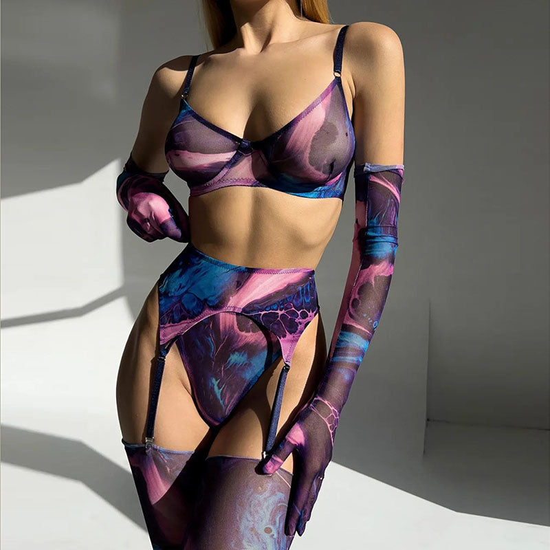 Hot sale Sexy Lingerie Five-piece Set Sexy See-through Gathered Blue Special Printing Lingerie Women Sets with Gloves