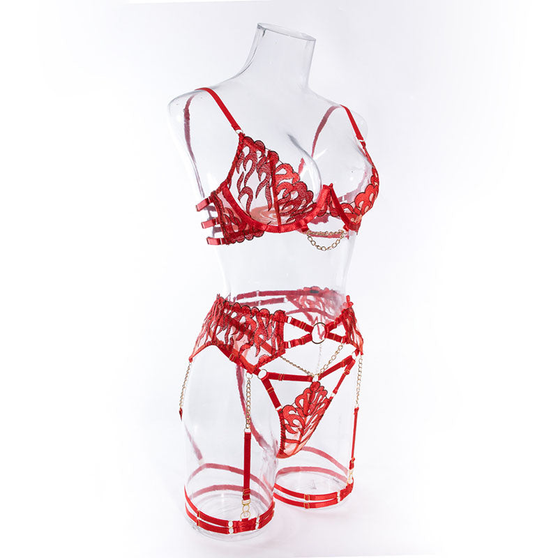 Luxury Red Sexy Mesh Embroidery Floral Metal Chain Halter Erotic Garter Hollow-Out Bra Set Sexi Women Lingerie