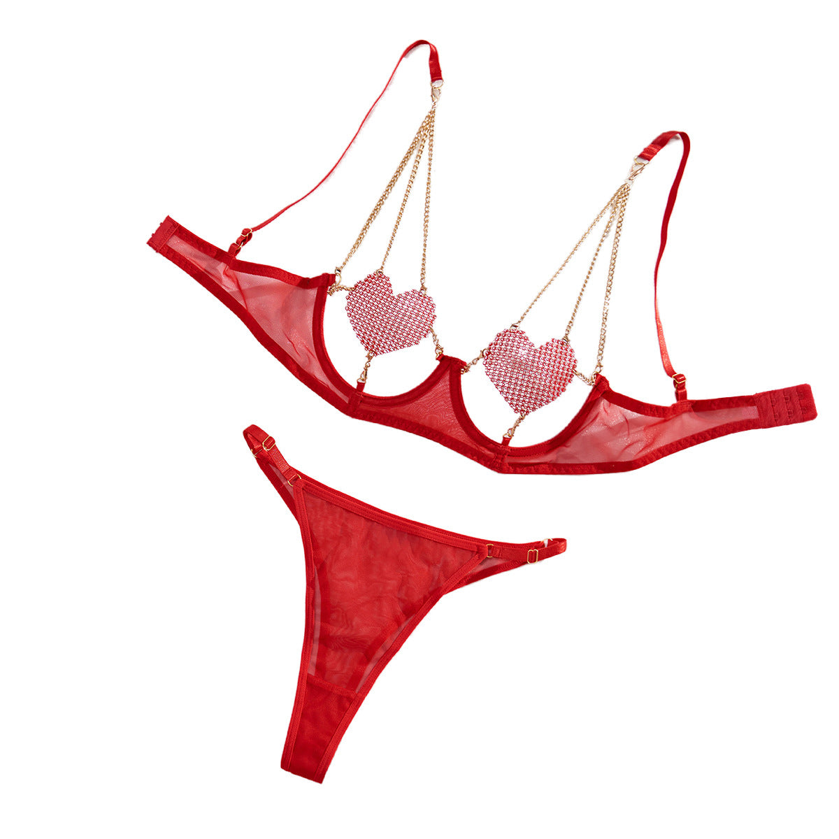 Valentines Open Chest Lingerie Luxury Push Up Half Cup Bra With Chain Sexy Red Delicate Underwear Set