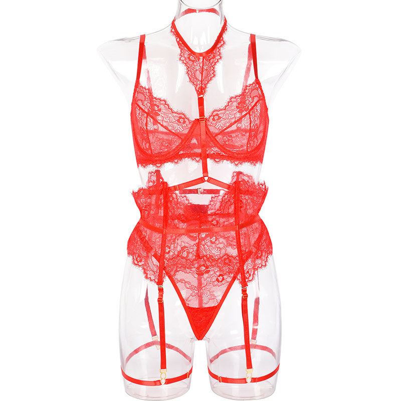 Star Underwear Sexy Lingerie 3-Pieces Transparent Bra Lace Suit Sexy Garter Belt Woman Erotic Intimate