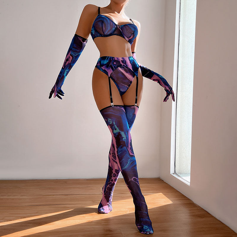 Hot sale Sexy Lingerie Five-piece Set Sexy See-through Gathered Blue Special Printing Lingerie Women Sets with Gloves