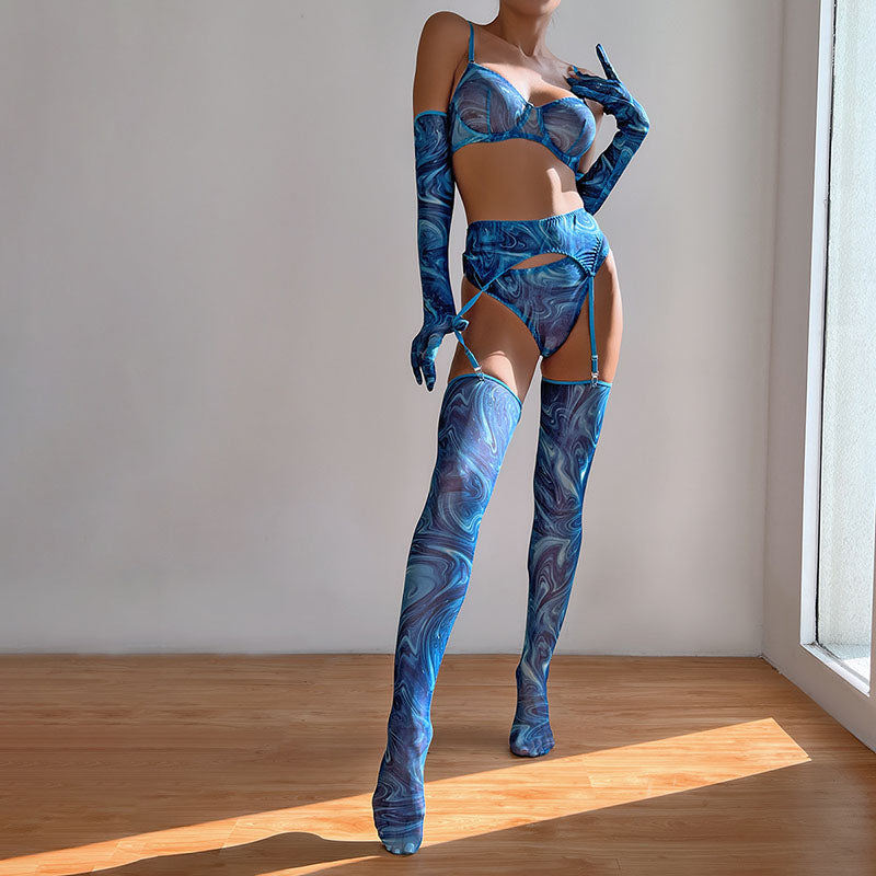 Hot sale Sexy Lingerie Five-piece Set Sexy See-through Gathered Blue Special Printing Lingerie Women Sets with Gloves